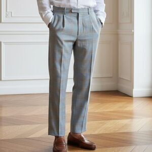 Reclaimed Vintage Men's Plaid Pants 32x30 | Baby Blue & Tan Pleated Trousers